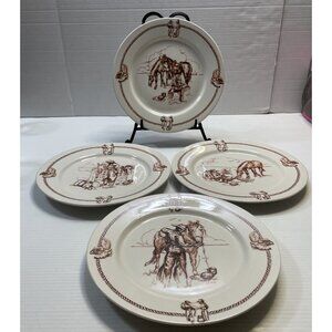 4 Totally Today Home Western 10.5" Dinner Plates Cowboy Horse Boots Saddle - EUC